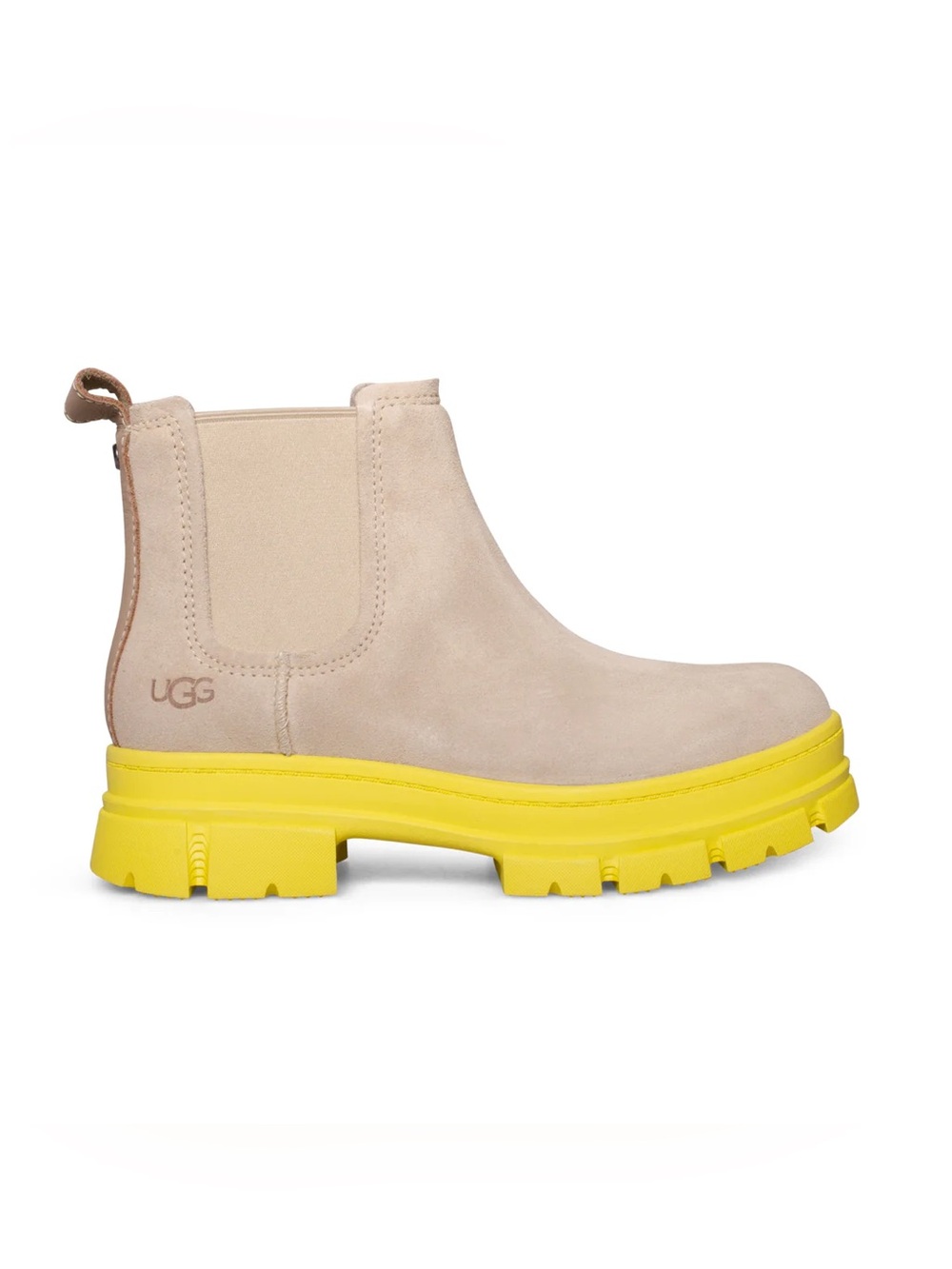 UGG Neutral Suede Chelsea Boot with Yellow Lug Sole